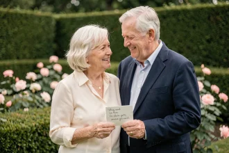 Couple de personnes âgées souriant dans un jardin lors d'une célébration de 50 ans de mariage, tenant un discours manuscrit