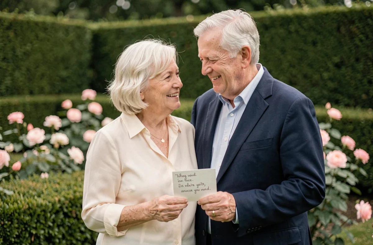 Couple de personnes âgées souriant dans un jardin lors d'une célébration de 50 ans de mariage, tenant un discours manuscrit