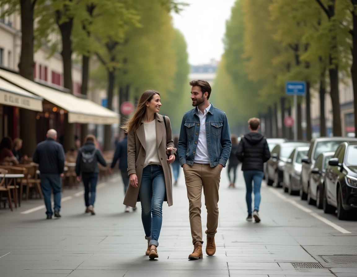 Couple élégant se promenant sur un boulevard parisien, évoquant la vie privée et le mariage d'une personnalité politique française