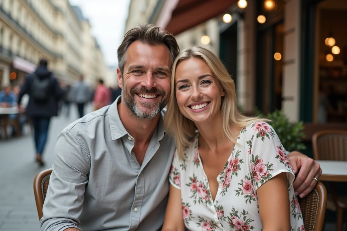 Couple élégant et souriant attablé en terrasse de café parisien, atmosphère décontractée et chaleureuse