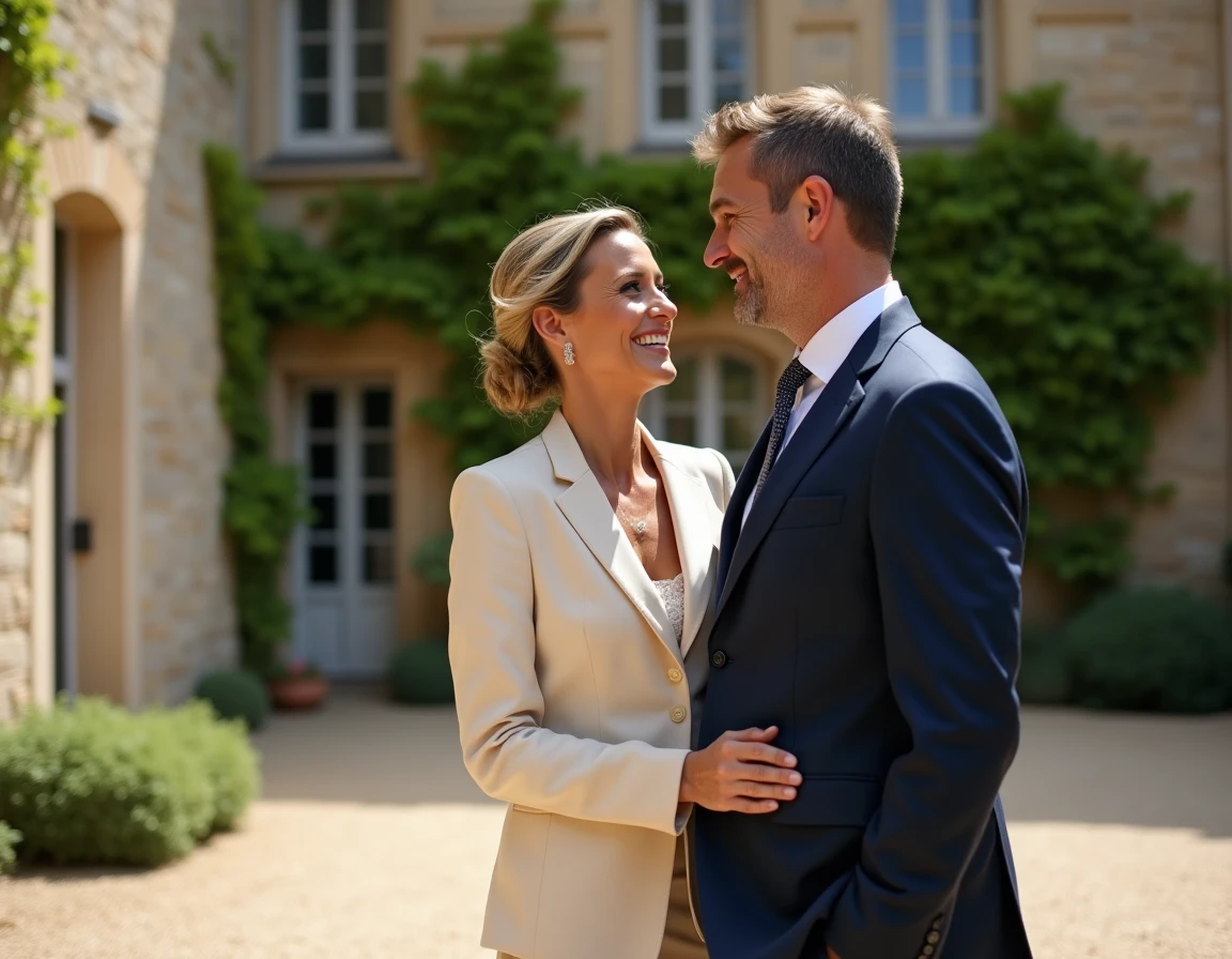 Couple élégant dans la cour d'un château français lors d'un mariage traditionnel, sourires complices et atmosphère authentique