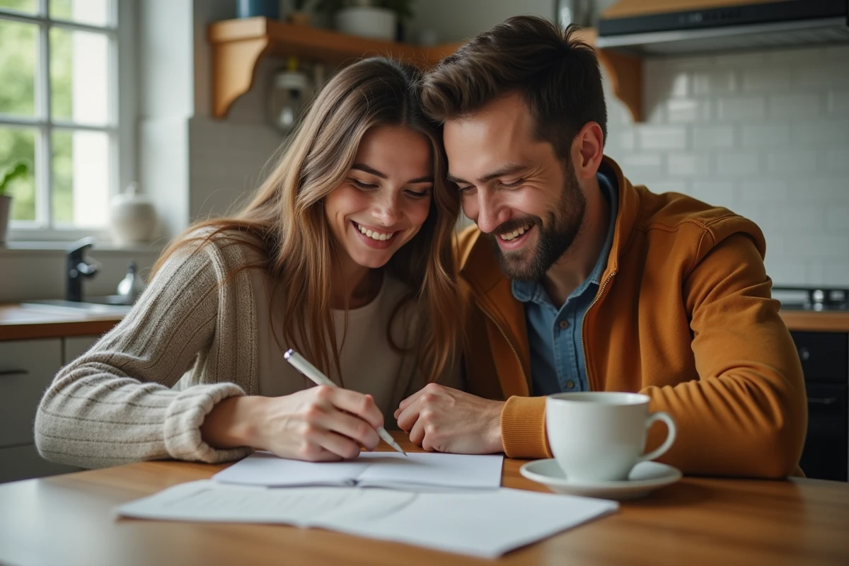 Couple partageant une lettre dans une cuisine chaleureuse
