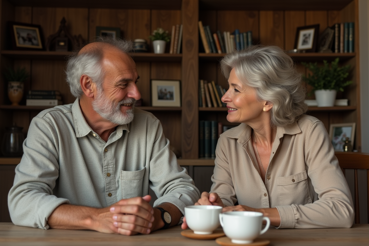 Couple assis à la table de cuisine chaleureuse