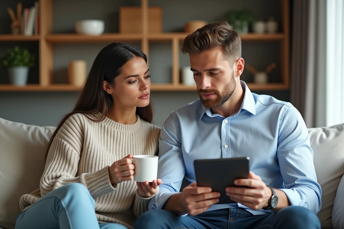 Couple discutant autour d’un café dans un salon moderne