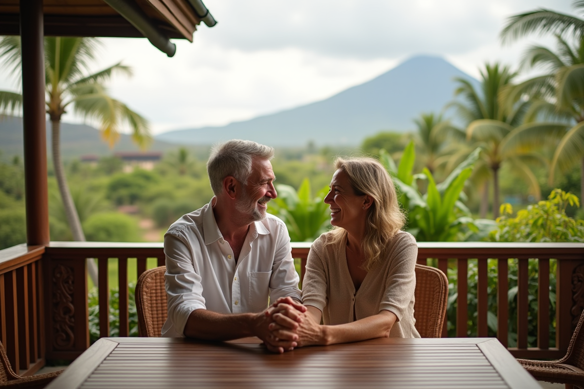Vieux couple partageant un moment dans un jardin tropical