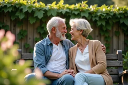 Couple souriant dans un jardin ensoleille avec fleurs