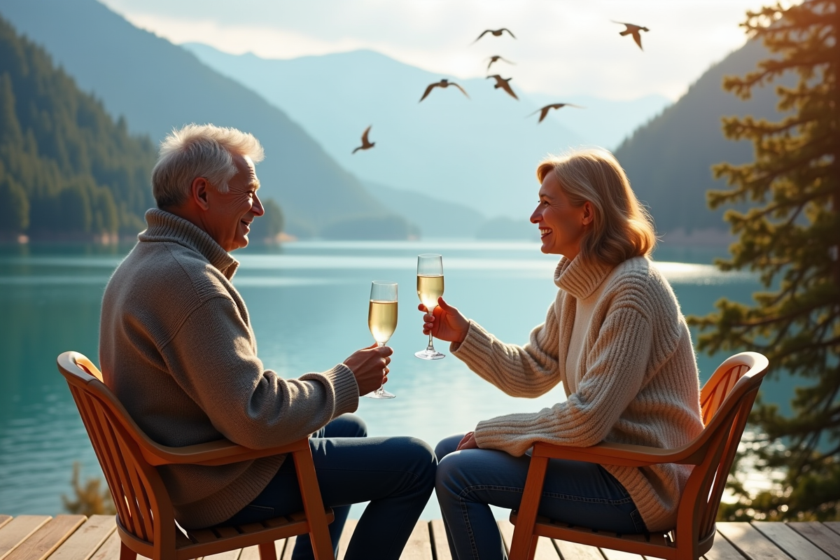 Couple détendu sur une terrasse au bord d’un lac