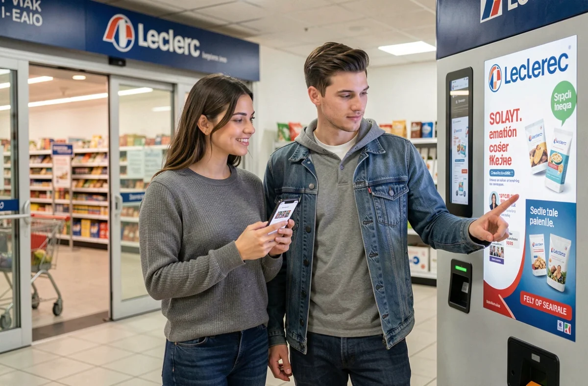 Couple comparant les prix de location de borne photo devant un kiosque Leclerc en 2026