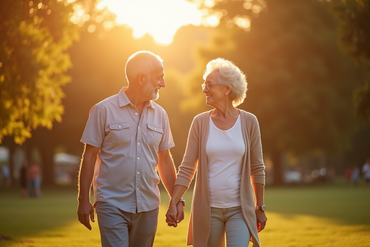 Couple mature se tenant la main dans un parc ensoleille