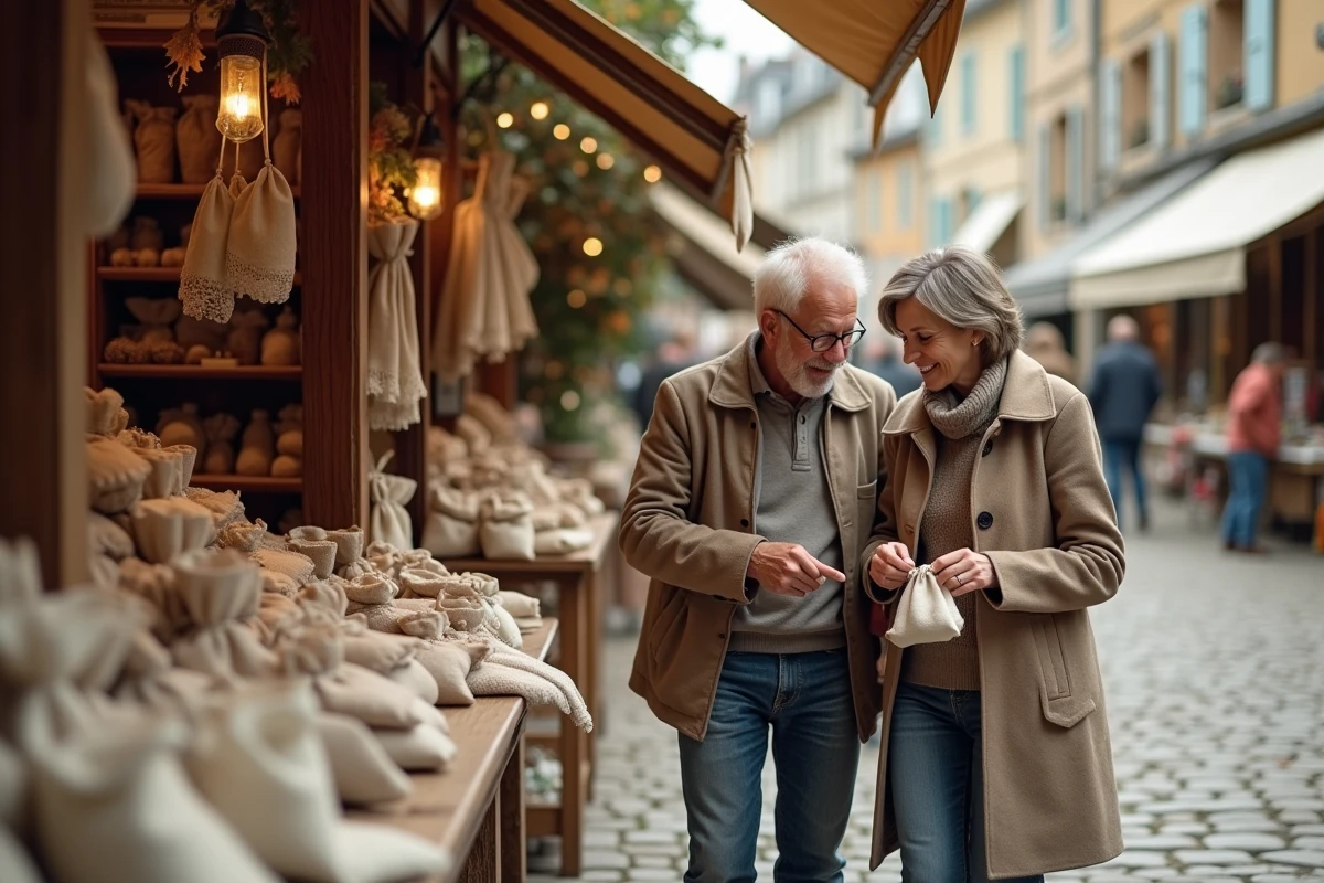 Couple parcourant un marché artisanal français à la recherche d'une surprise originale pour leurs noces de mousseline