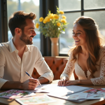 Couple de mariage planifiant au café avec calendrier et fleurs