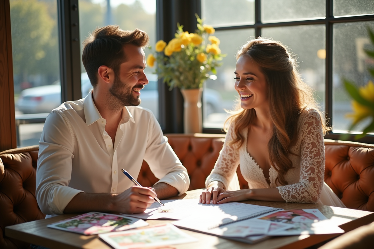 Couple de mariage planifiant au café avec calendrier et fleurs