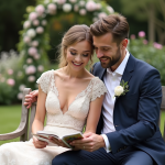 Jeune couple souriant en jardin avec mood board mariage