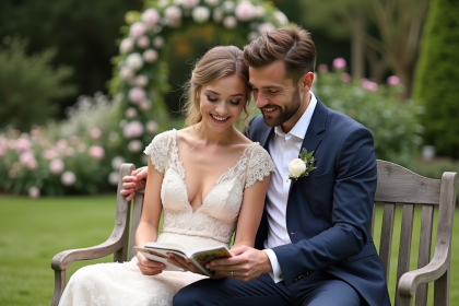 Jeune couple souriant en jardin avec mood board mariage