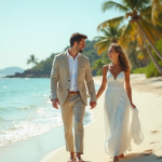 Jeune couple marié sur une plage tropicale romantique