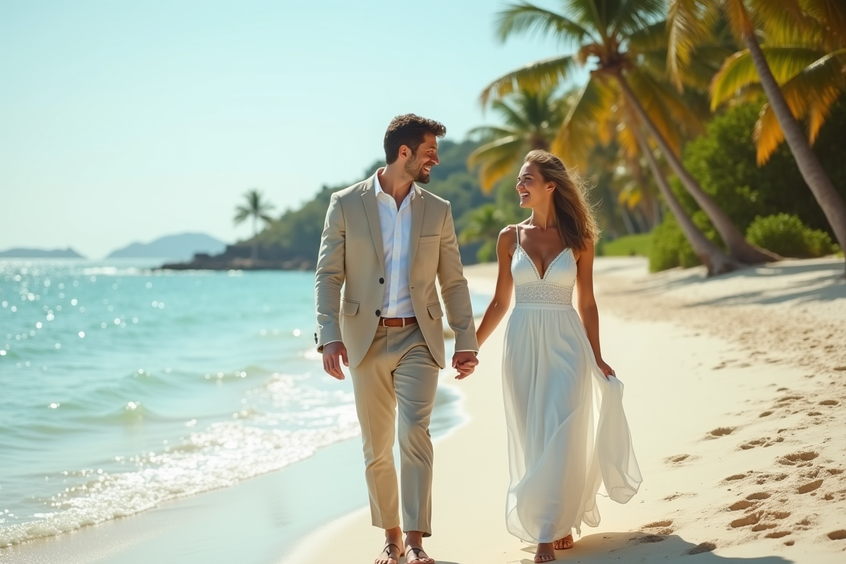 Jeune couple marié sur une plage tropicale romantique