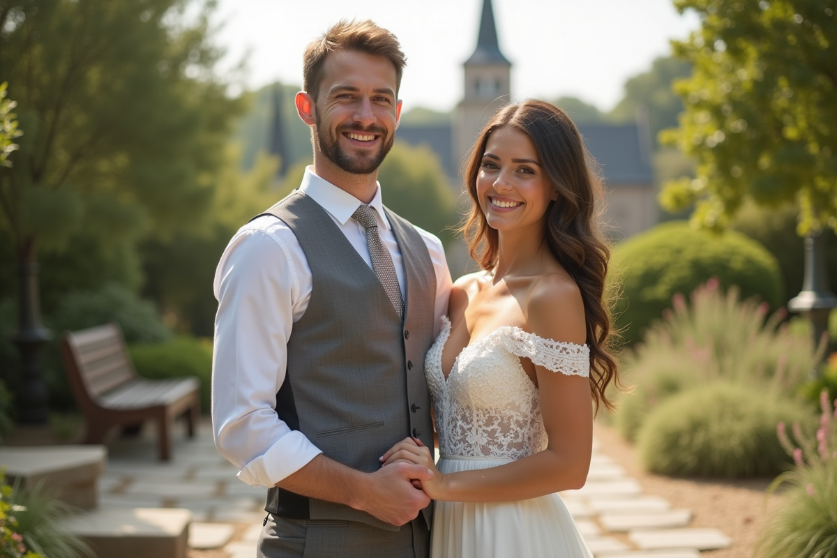 Couple marié souriant dans un jardin ensoleille