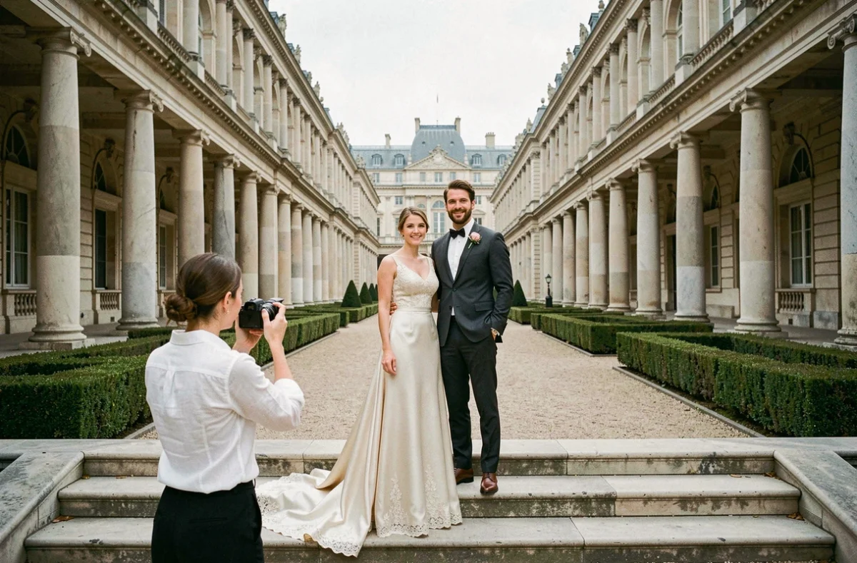 Couple de mariés photographié dans les jardins du Palais Royal à Paris par une photographe professionnelle