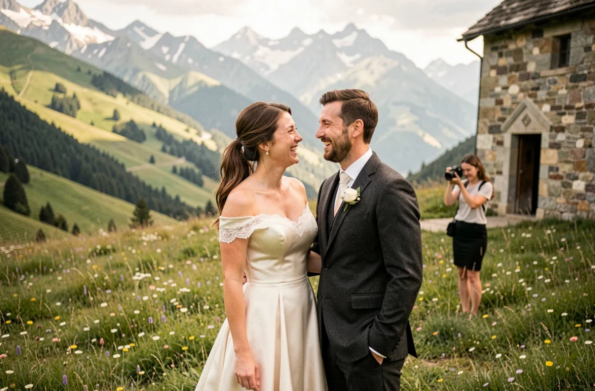 Couple de mariés photographié dans un pré alpin en Haute-Savoie avec vue sur les montagnes et une chapelle en pierre