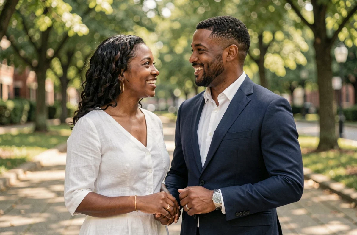 Couple mixte souriant en extérieur avec alliances portées sur des mains différentes selon leurs traditions culturelles respectives