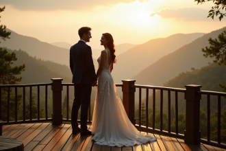 Jeune couple en soirée sur balcon avec vue montagne