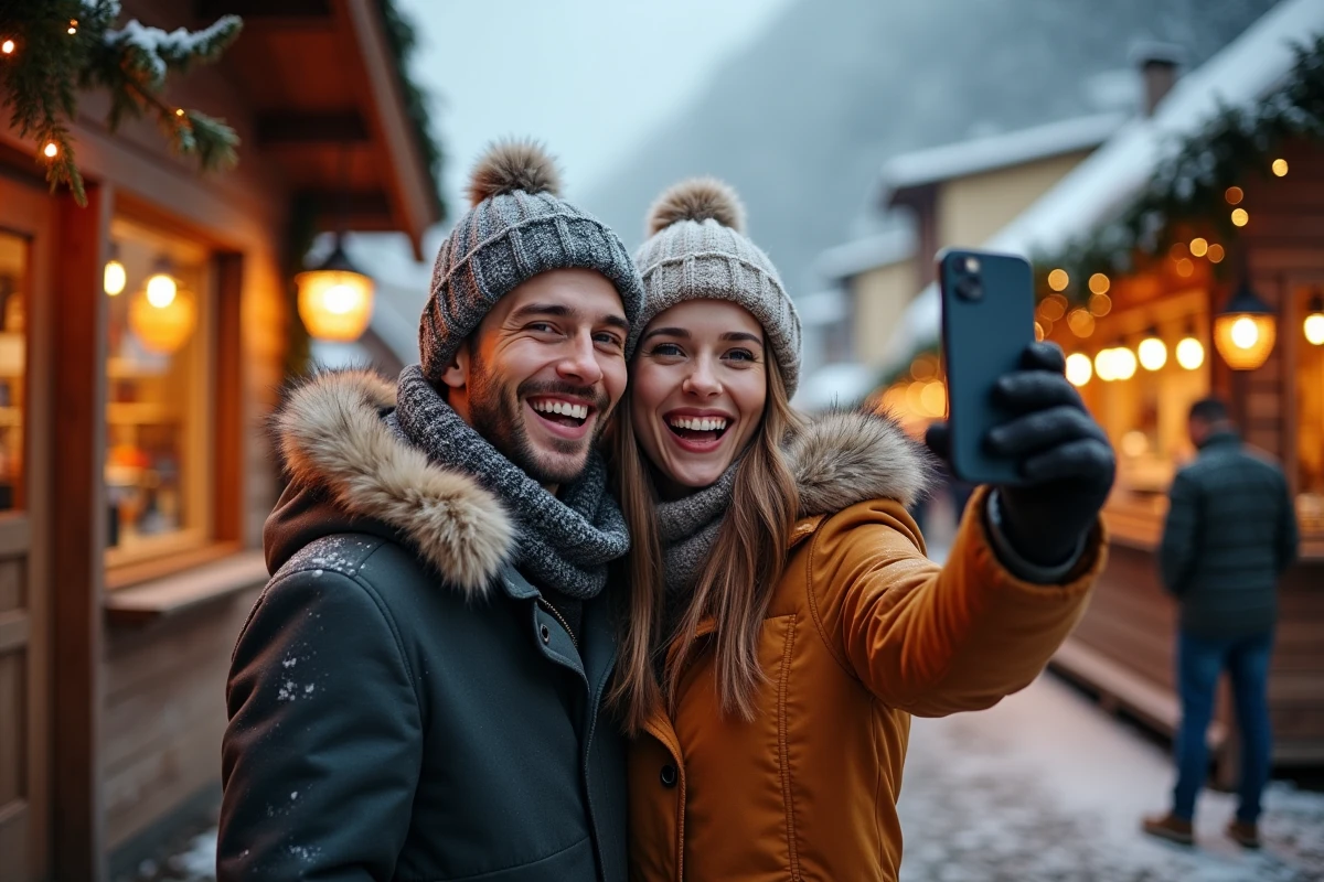 Jeune couple en hiver au marché de Noël alpin