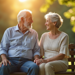 Couple mature assis sur un banc en plein air partageant un sourire