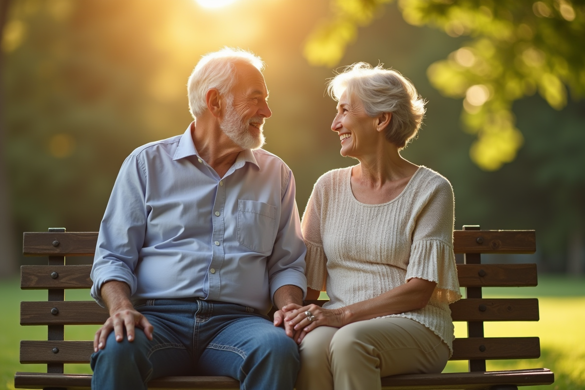 Couple mature assis sur un banc en plein air partageant un sourire