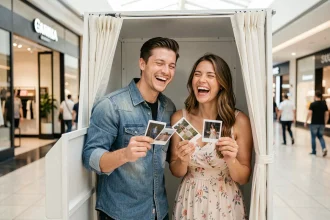 Couple souriant dans un photobooth classique tenant des photos imprimées dans un centre commercial