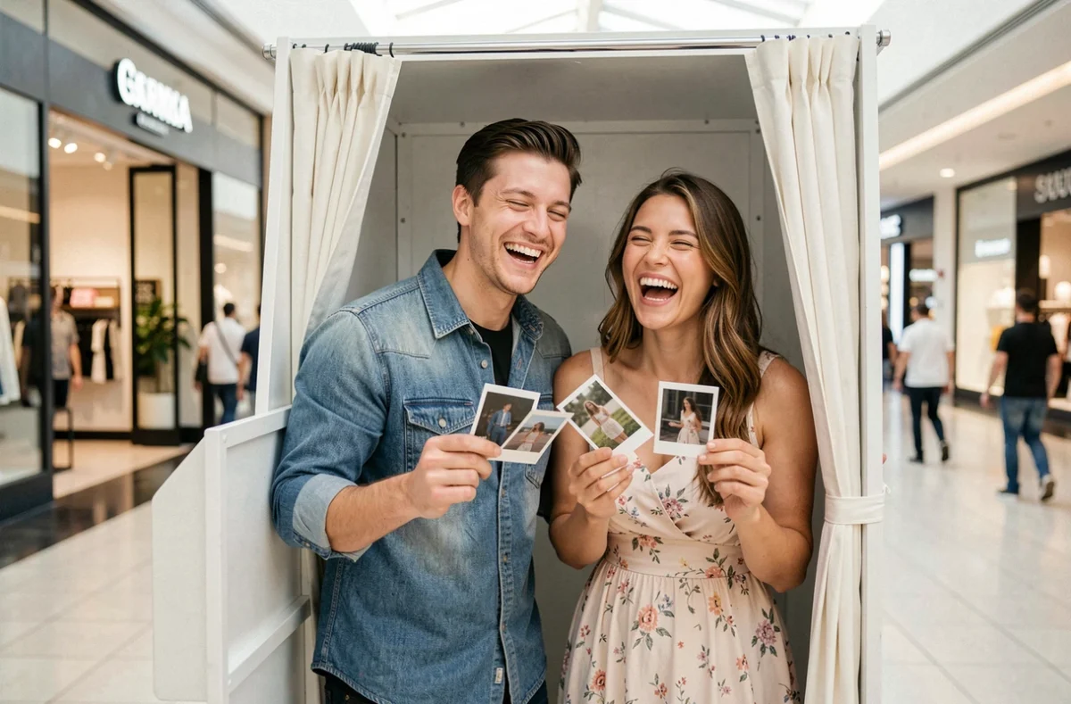 Couple souriant dans un photobooth classique tenant des photos imprimées dans un centre commercial