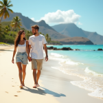 Jeune couple souriant marchant sur la plage hawaienne