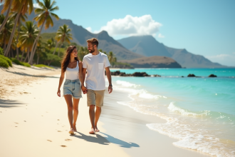 Jeune couple souriant marchant sur la plage hawaienne