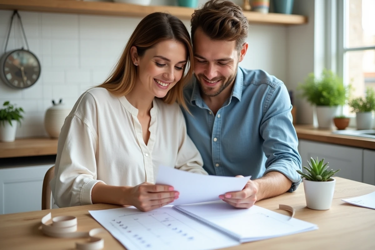 Couple planifiant les étapes des jeux 12 mois mariage avec un calendrier détaillé sur un comptoir de cuisine
