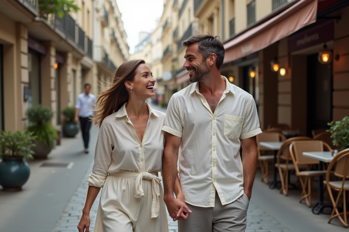 Couple complice se promenant dans une rue parisienne pittoresque, illustrant la vie personnelle et le soutien mutuel dans une carrière publique