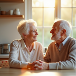 Couple senior souriant dans une cuisine lumineuse