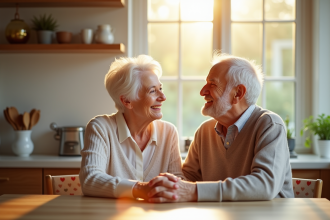 Couple senior souriant dans une cuisine lumineuse