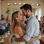 Jeune couple surpris et heureux lors d'un mariage élégant