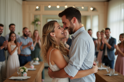 Jeune couple surpris et heureux lors d'un mariage élégant