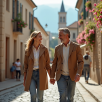 Couple en voyage dans une vieille ville européenne