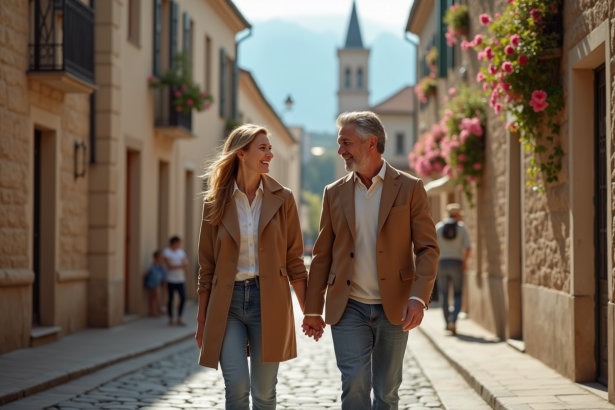 Couple en voyage dans une vieille ville européenne