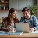 Jeune couple dans la cuisine avec brochures de voyage