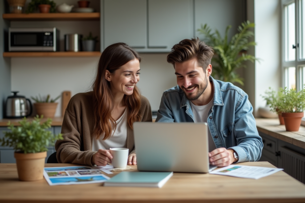 Jeune couple dans la cuisine avec brochures de voyage