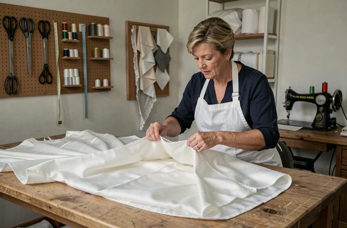 Couturière inspectant la doublure en taffetas et la superposition en organza d'une robe de mariée blanche étalée sur un établi de studio
