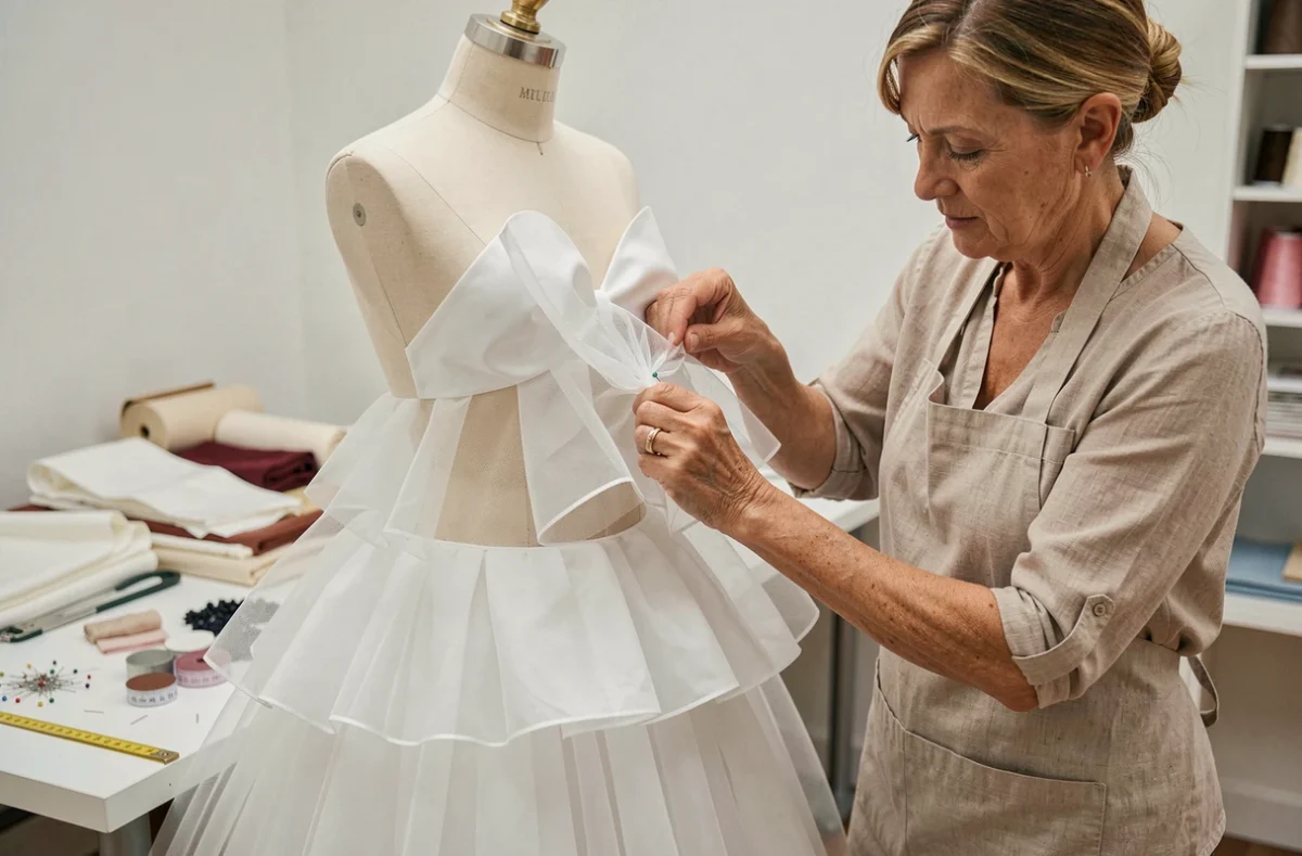 Couturière épinglant des couches de tulle blanc sur un mannequin pour créer une robe de mariée meringue fait maison