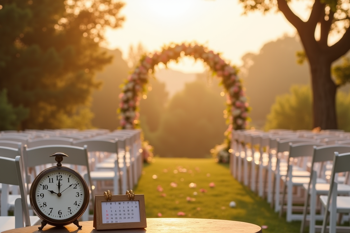 Cérémonie de mariage en plein air au coucher du soleil avec chaises et fleurs
