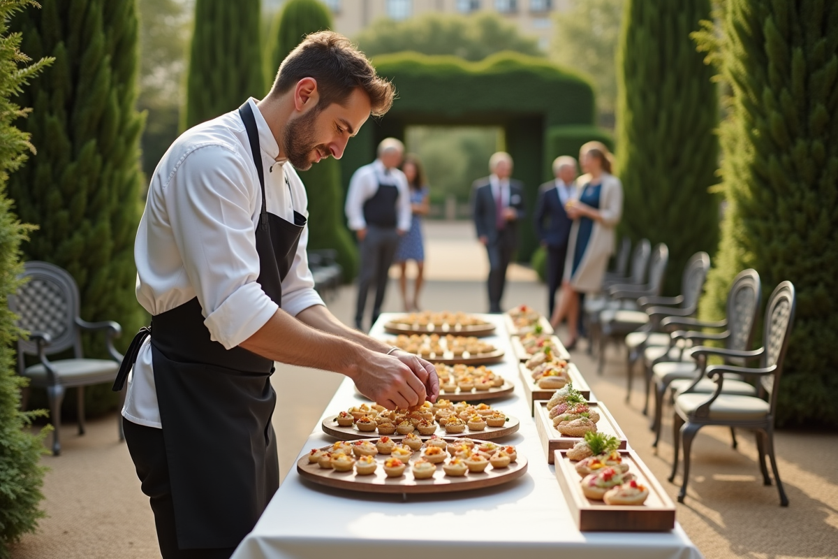 Cuisinier préparant des canapés pour un mariage en extérieur