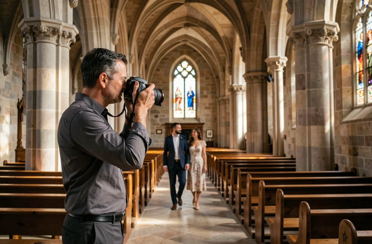 Cyril Langeard debout au fond d'une église romane en Occitanie photographiant un couple de mariés remontant l'allée