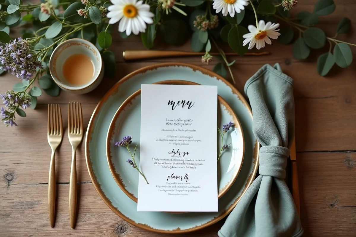 Détails de table de mariage en ferme rénovée en Rhône-Alpes avec menu manuscrit et fleurs séchées pour Little Story