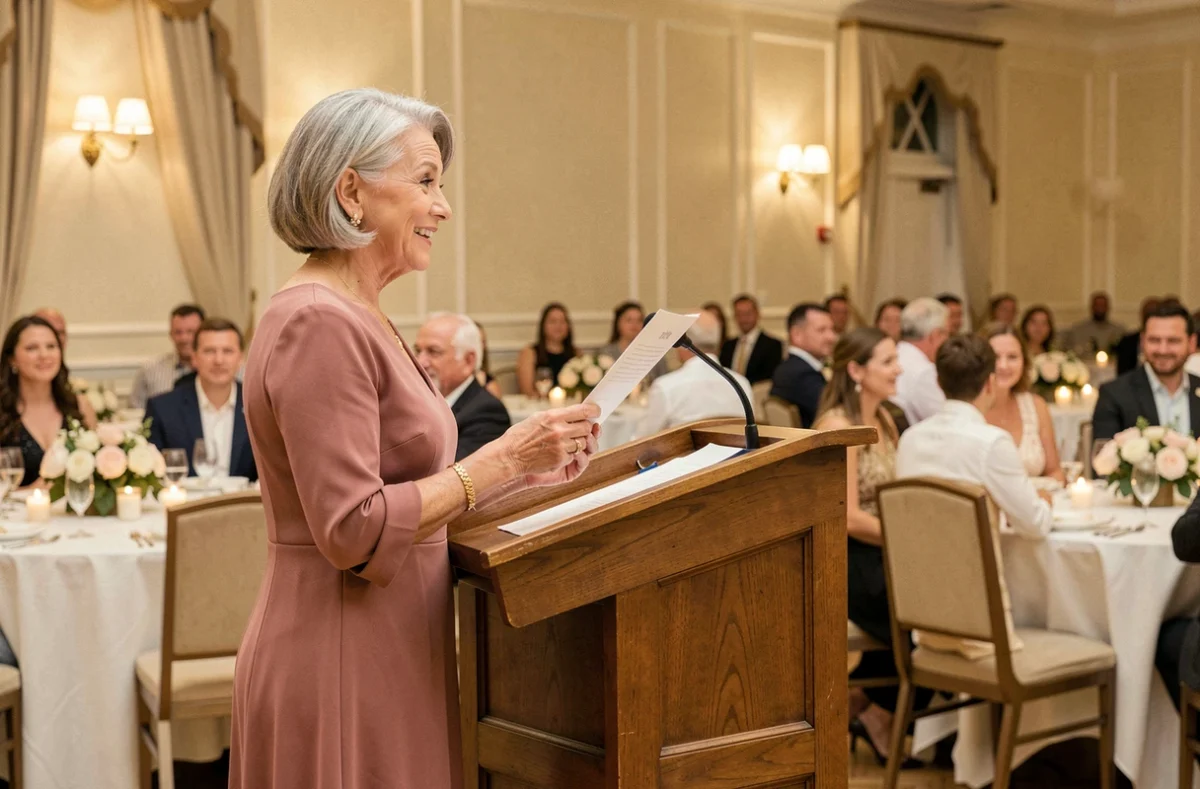 Femme lisant un discours pour les 50 ans de mariage de ses parents lors d'un dîner de célébration en salle de banquet
