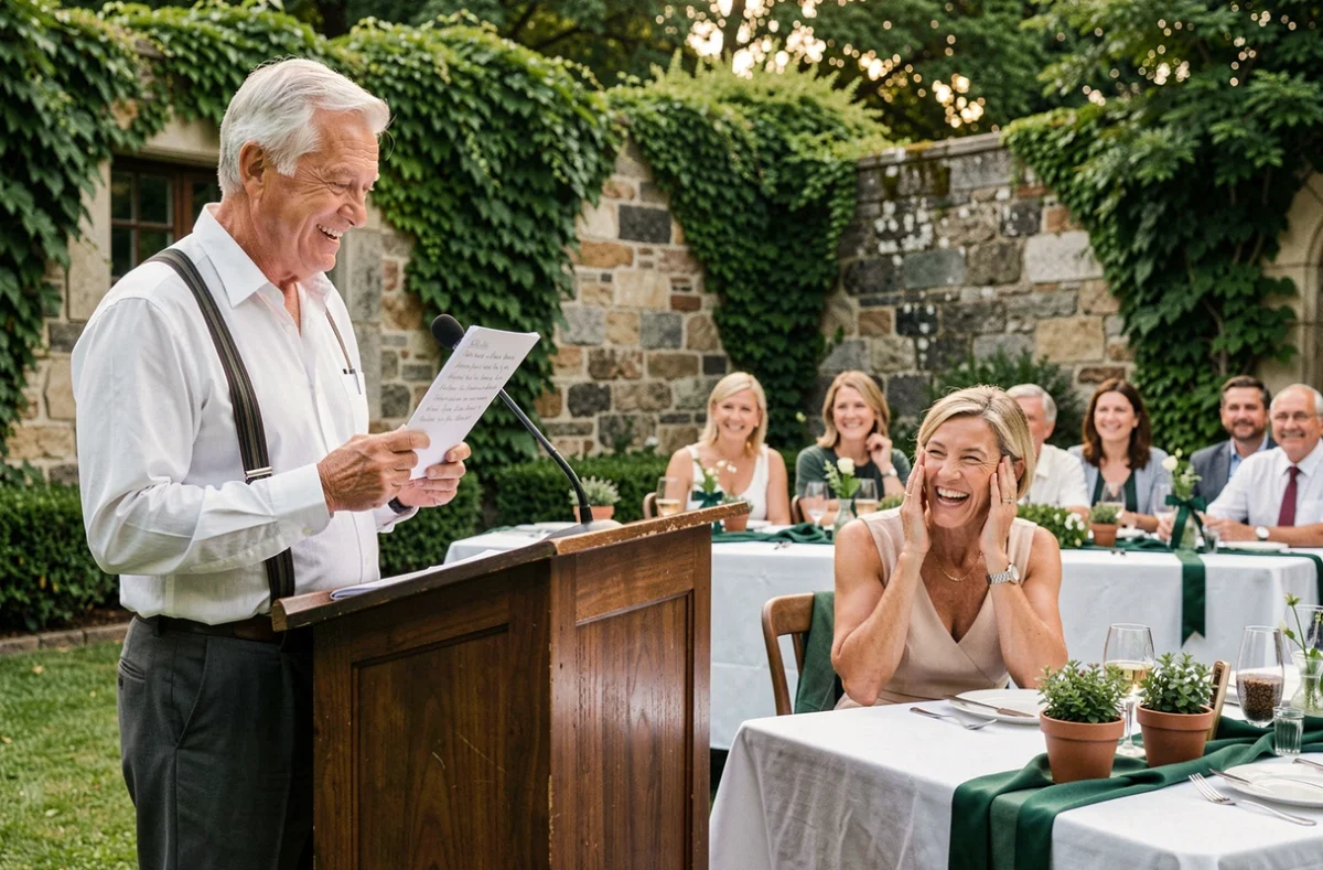 Discours humoristique lu par un mari lors d'une célébration de 40 ans de mariage en plein air